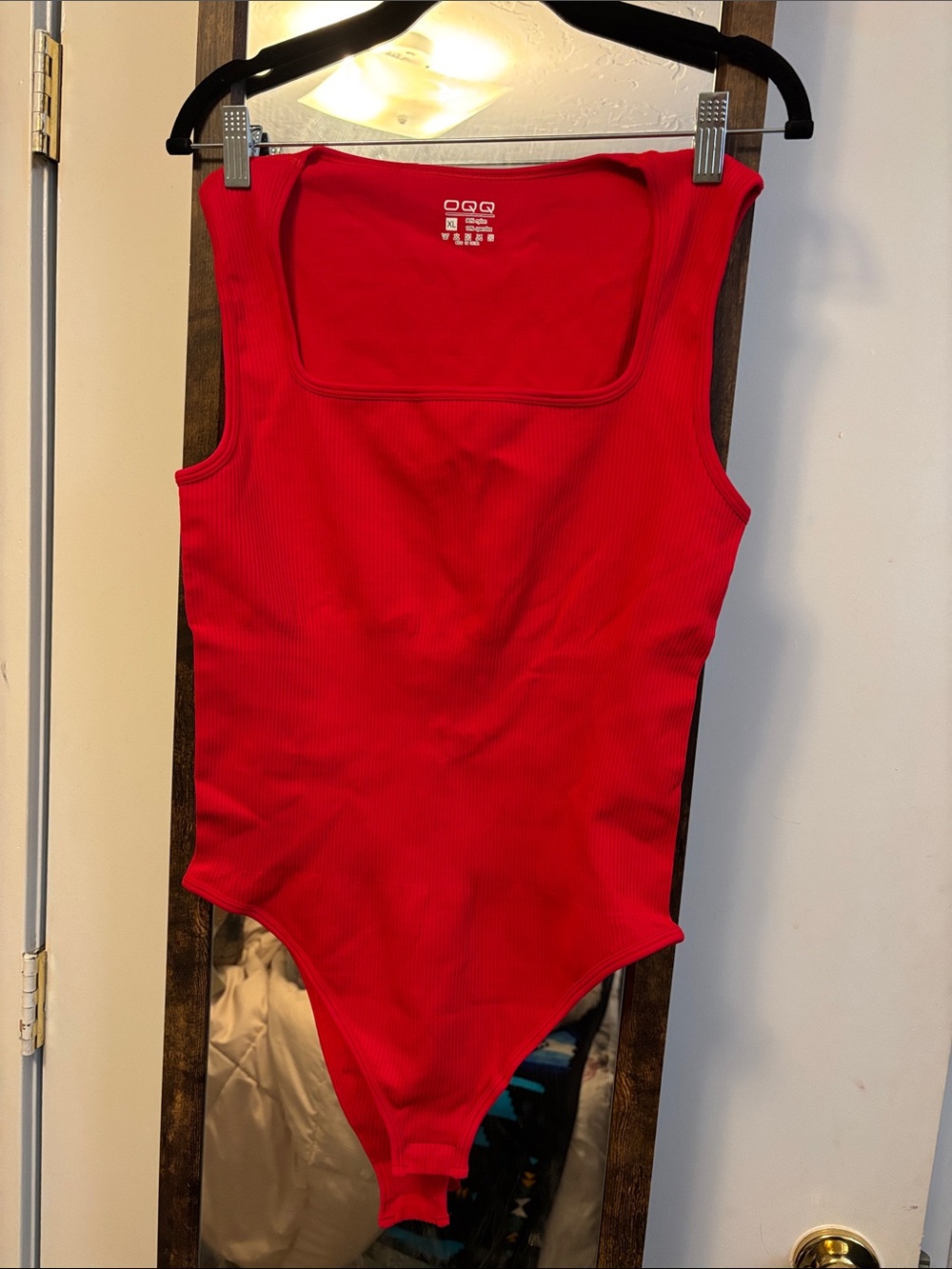 Ribbed Square-Neck Bodysuit in Red - Women's Shapewear